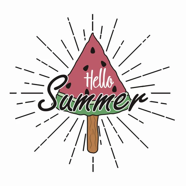 Hallo Sommer Schriftzug und Wassermelone und Sonnenbrand. — Stockvektor