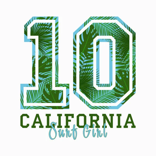 California, Surf Girl - t-shirt dengan daun palem . - Stok Vektor