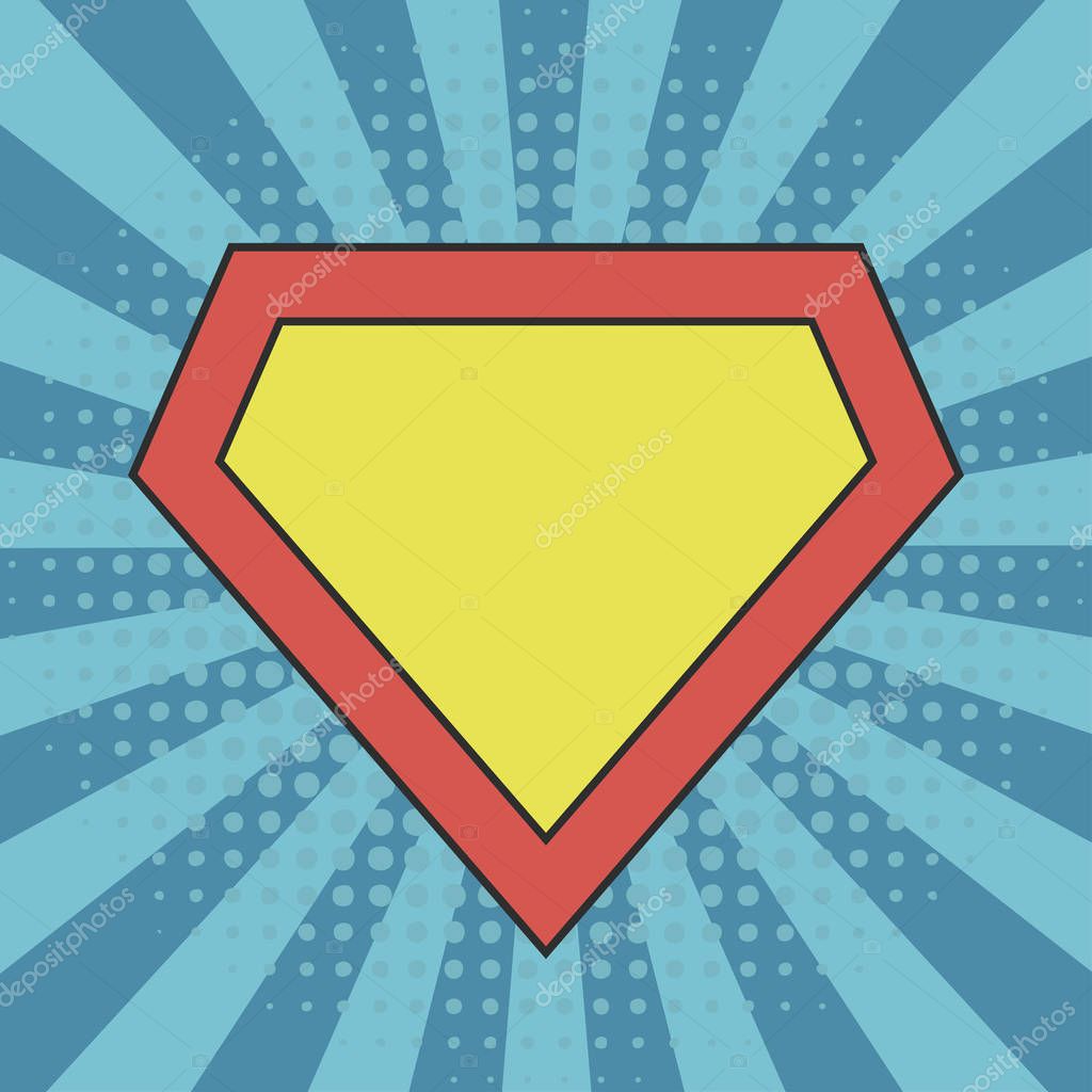Superhero logo template at comic sunburst background with dots halftone effects. Vector illustration.