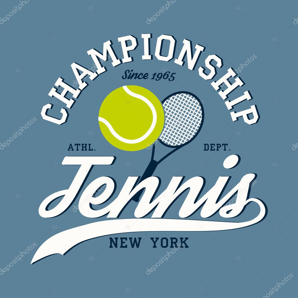 Tennis sports apparel with racket and ball. New York championship. Typography emblem for t-shirt. Design for athletic clothes print. Vector illustration.