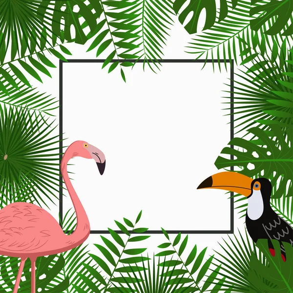 Tropisches Poster mit Palmblättern, Flamingo, Tukan — Stockvektor