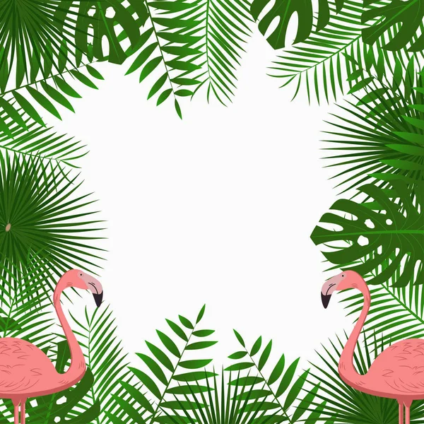 Tropical poster with jungle palm leaves, flamingo. — Stock Vector