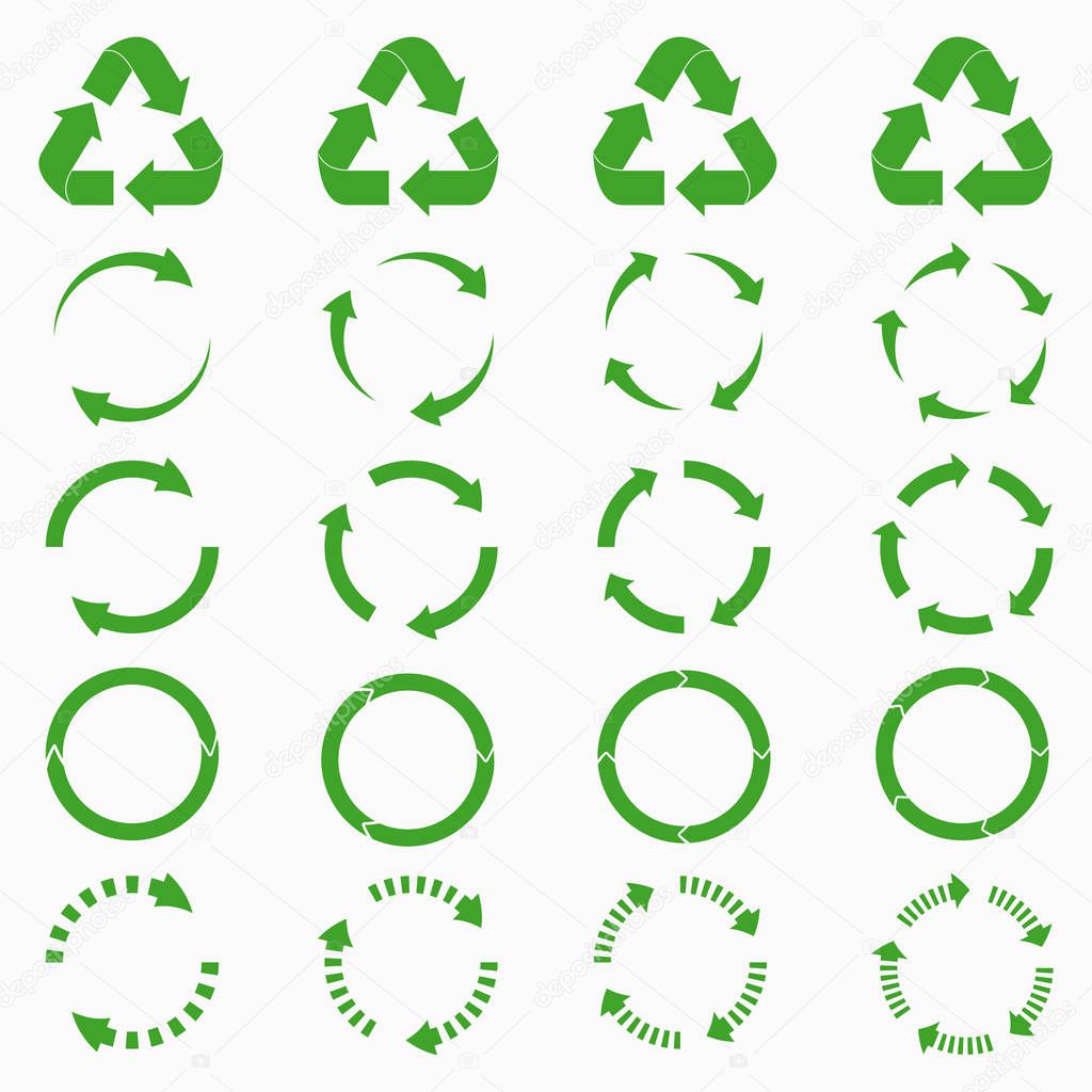 Round arrows set. Green circle recycle icons collections. Vector illustration.