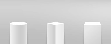 Podyum ya da kaide farklı şekillerde ayarlanmış. Ürün sunumu için platform, marka tasarımı, müze sahnesi. 3D podyumun maketi, yuvarlak ve kübik stantlar. Sergi ve reklam yeri. Vektör