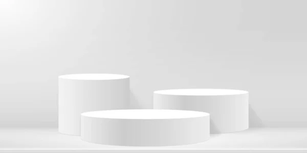 Yuvarlak podyum ya da minimum sahne platformunda kaide. Ürün sunumu ve markalaşma tasarımı için stüdyo modeli. 3D boş podyum. Reklam, ürün anlamına gelir. Vektör illüstrasyonu.