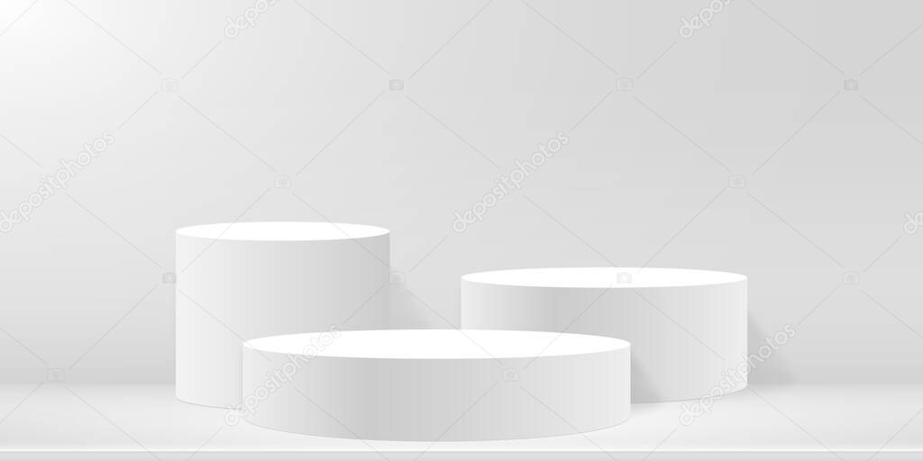 Round podium or pedestal on minimal scene platform. Mockup of studio for product presentation, branding design. 3d blank podium. Advertising stand for product. Vector illustration.