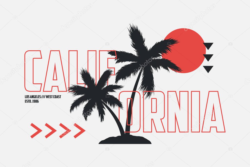 California t-shirt design with palm trees and outline text. Modern typography graphics for tee shirt. Los Angeles apparel print with palms and sun. Vector illustration.