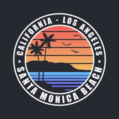Kaliforniya Santa Monica Plajı tişört tasarımı. Palmiye ağaçlı tişört için tipografi grafikleri. Los Angeles 'ta giysi baskısı. Vektör illüstrasyonu.