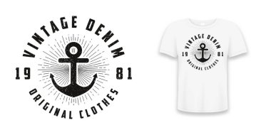 Tişört için klasik kot baskısı, çapalı tişört için tipografi grafikleri ve güneş kremi. Tişörtün üzerindeki giysi için Retro hipster tarzı logo. Vektör illüstrasyonu.