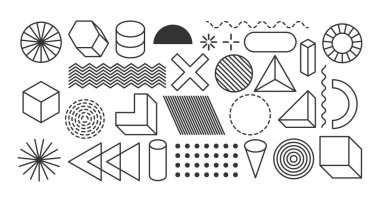 Bir dizi geometrik şekil. Memphis tasarım elementleri klasik veya retro grafikler için. Pankart, poster, reklam ve web tasarımı için geometrik şekiller koleksiyonu. Vektör illüstrasyonu.