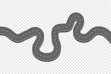 Virajlı asfalt yol. Şeffaf arkaplanda işaretli otoban. Yol yönü, harita yolu konum bilgisi modeli. Vektör illüstrasyonu.