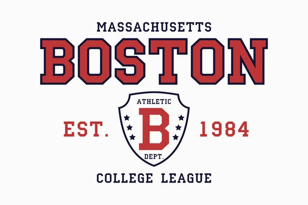 マサチューセッツ州ボストンでは Tシャツのタイポグラフィのグラフィックをスローガンにしている アパレルのためのカレッジプリント シールド付きティーシャツデザイン ベクターイラスト — ストックベクタ