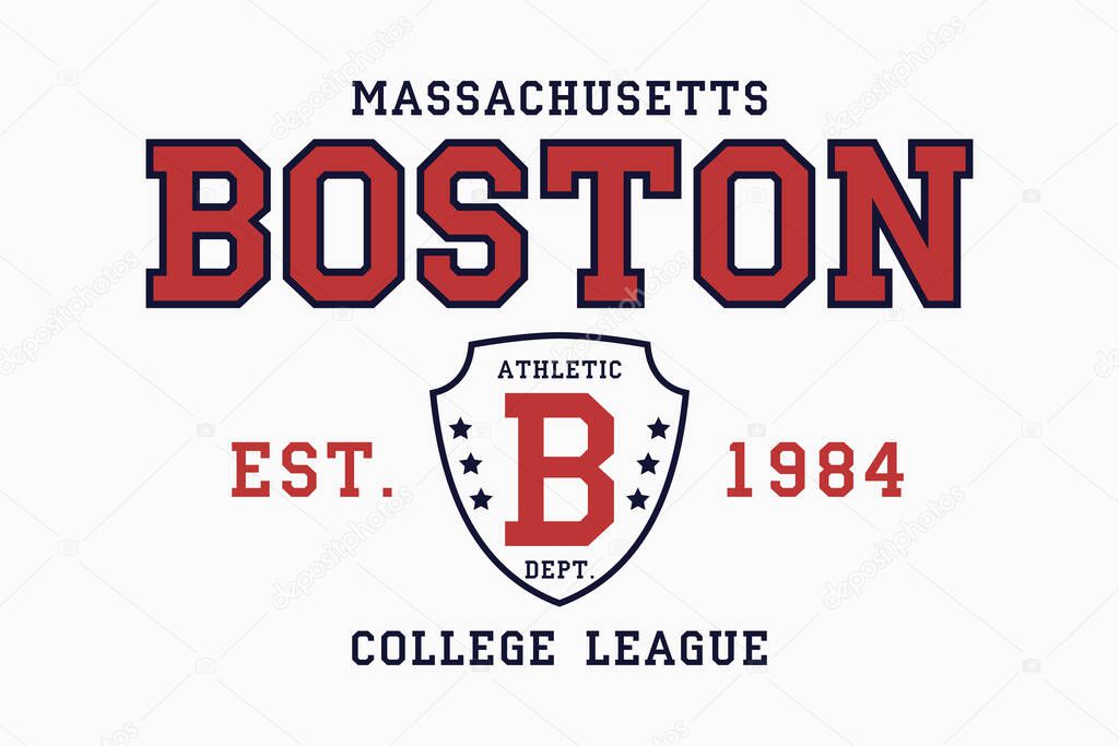 Boston, Massachusetts slogan typography graphics for t-shirt. College print for apparel. Tee shirt design with shield. Vector illustration.