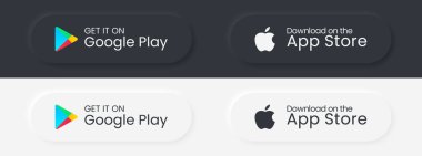 Google Play Store, Apple App Store indirme düğmeleri. Mobil uygulama indirme simgeleri neumorfizm tasarımında. Vektör illüstrasyonu.