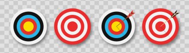 Oklarla okçuluk hedefi. Şeffaf arkaplanda gölgeli hedefler. Okçuluk kavramı ya da iş dünyasındaki hedefe ulaşmak. Vektör illüstrasyonu.