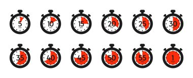 Zamanlayıcı ve kronometre simgesi ayarlandı. Farklı zamanda geri sayım zamanı. Yemek pişirmek için kronometre sembolü ya da dakikalar içinde spor saati. Vektör illüstrasyonu.