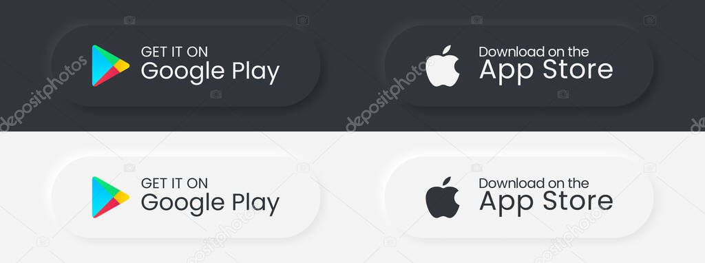 Google Play Store, Apple App Store download buttons. Mobile app download icons in neumorphism design. Vector illustration.