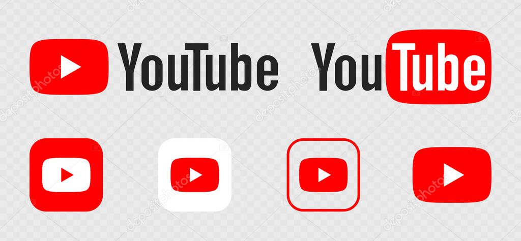 YouTube logo. Icons of YouTube, video hosting that provides users with services for storing, delivering and displaying video. Vector illustration.