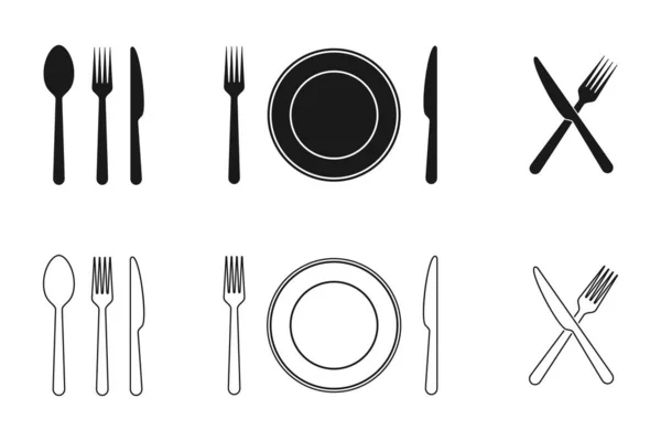 Plate Knife Fork Spoon Icons Set Tableware Flat Line Icons — Stock Vector