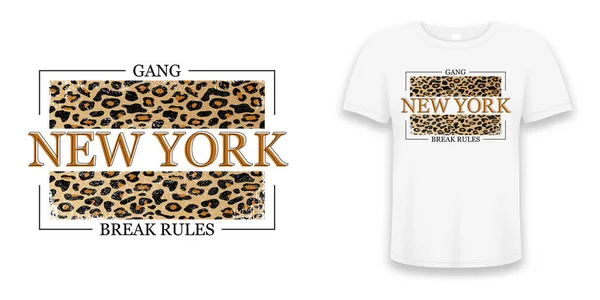New York Slogan Typography Leopard Texture Fashion Shirt Design Girls — Stock Vector
