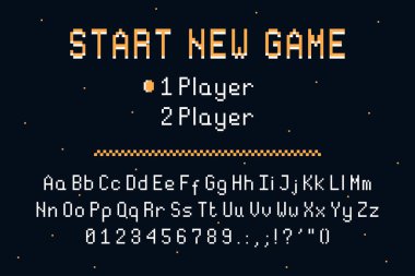 Piksel sanat yazı tipi. 8bit oyunlar ya da geçmişe dönük proje için geri dönüş alfabesi. Büyük harf ve küçük harf ve sayılarla klasik piksel yazı tipi tasarımı. Vektör.