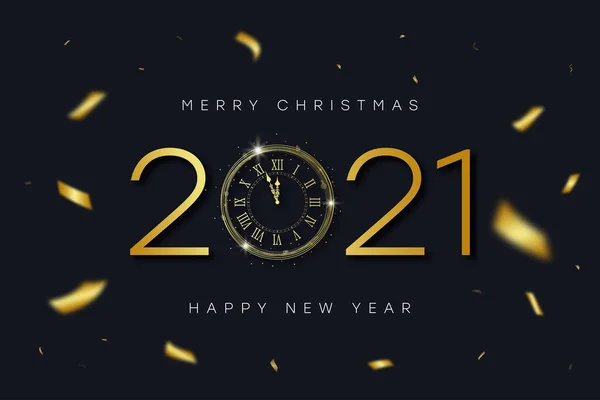 2021 Новий Рік Веселого Різдва Золотим Вінтажним Годинником Римськими Цифрами — стоковий вектор