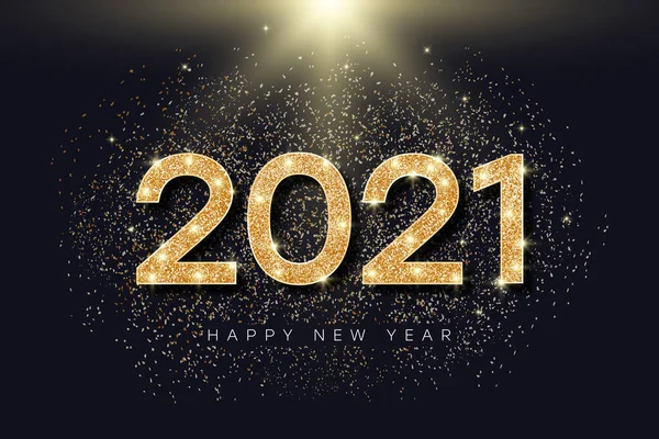 新年の黄金の輝きを持つ2021番号 ゴールド輝くと明るい粒子と新年とメリークリスマスのための休日のバナー 2021グリスターテキスト ベクターイラスト — ストックベクタ