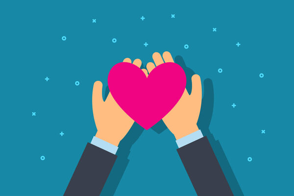 Charity and donation concept. Man give heart in palm hand. Flat style vector illustration.