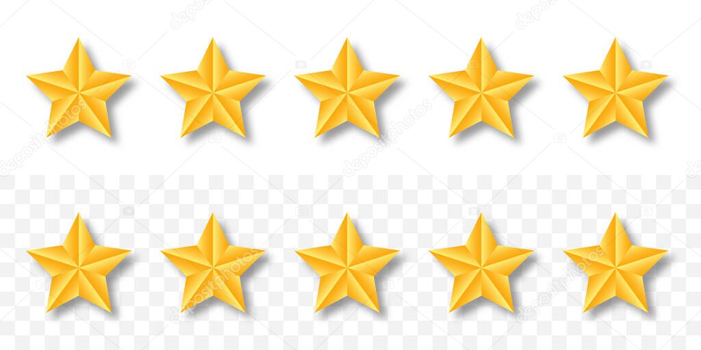 Gold raiting stars. 5 golden star set with shadow on transparent background. Customer feedback concept. Vector.