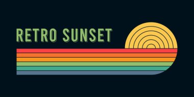 Retro Sunset Illustrasyon. 80 'lerin tarzında renkli çizgili klasik günbatımı. Soyut renkli gündoğumu olan Retro tasarım ögesi. Afişler, baskılar ve tişörtler için grafikler. Vektör illüstrasyonu.