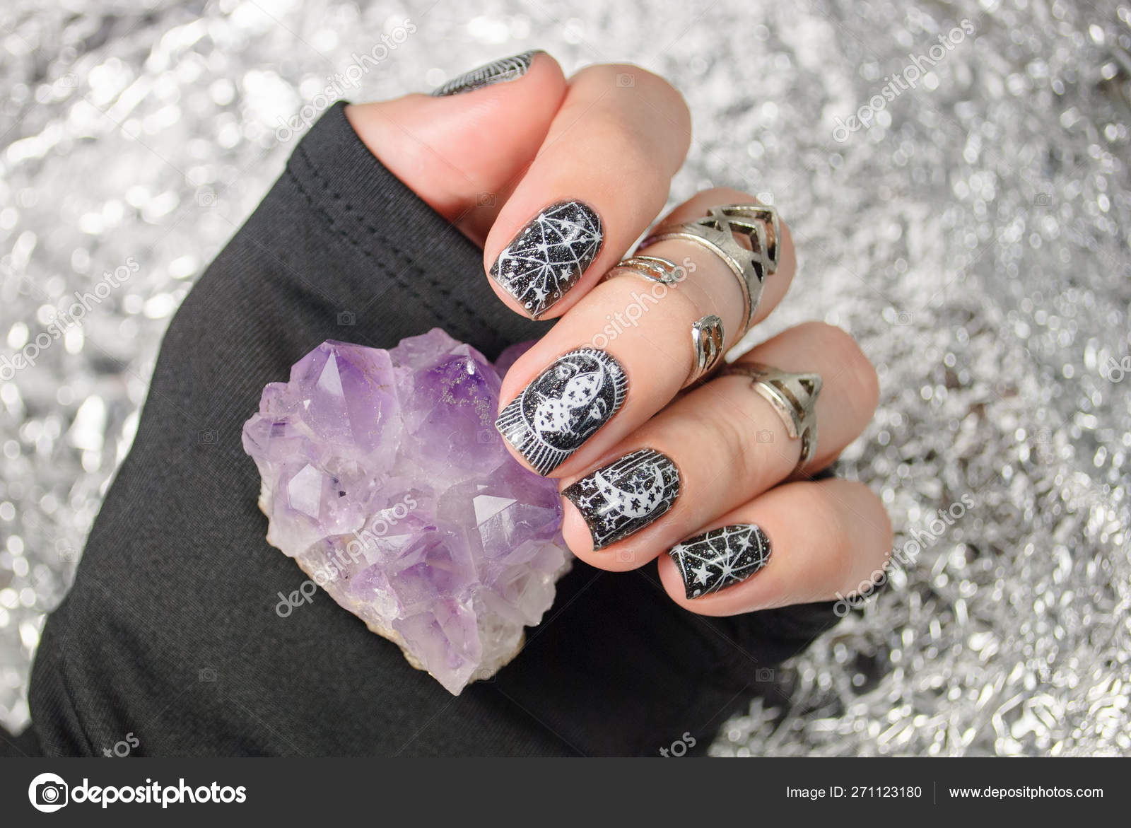 2022 Black & White Gothic Halloween design fake nails long coffin press on  24pcs | eBay