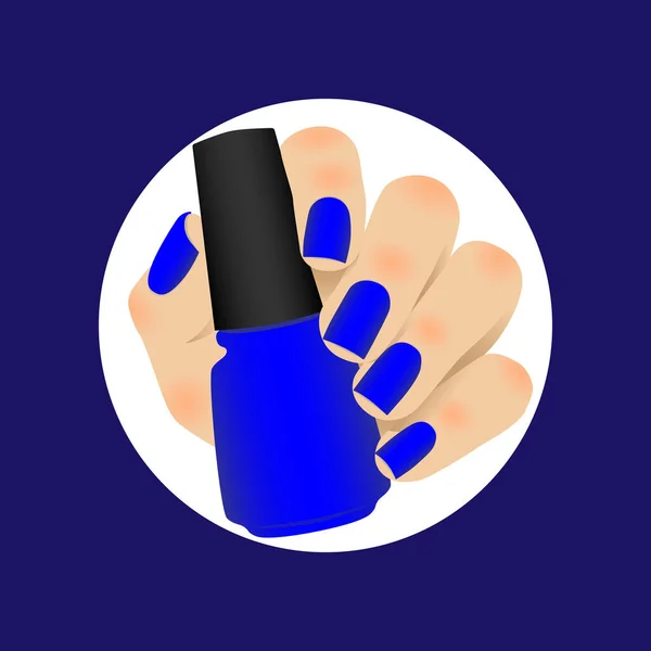 Manicura Esmalte Uñas Azul Mate Mano Sostiene Botella Azul Con — Archivo Imágenes Vectoriales