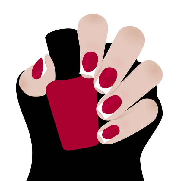 Manicure Smalto Rosso Mano Tiene Bottiglia Rossa Con Vernice Illustrazione — Vettoriale Stock