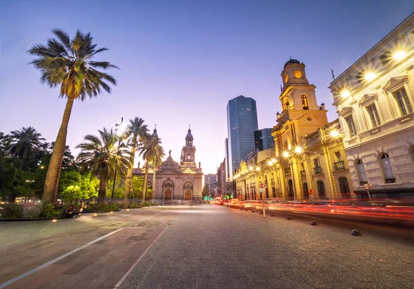 Náměstí Plaza Armas Metropolitní Katedrála Santiagu Noci Santiago Chile — Stock fotografie