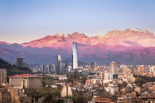 Aaerial View Santiago Skyline Sunset Costanera Skyscraper Andes Mountains Santiago — Stock Photo, Image