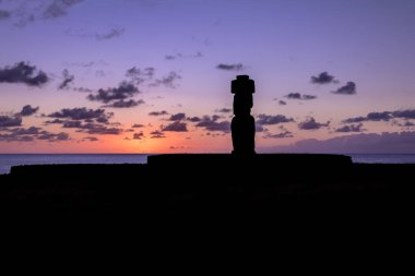 Hanga Roa - Paskalya Adası, Şili yakınındaki gün batımında topuz giyen Ahu Tahai Moai heykel siluet