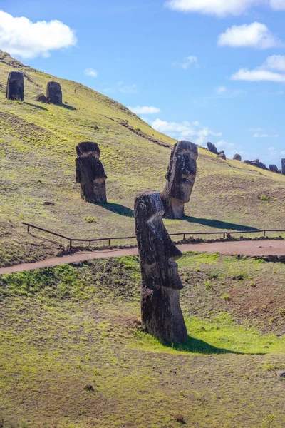 Moai Αγάλματα Του Λατομείου Ηφαίστειο Rano Raraku Νησί Του Πάσχα — Φωτογραφία Αρχείου