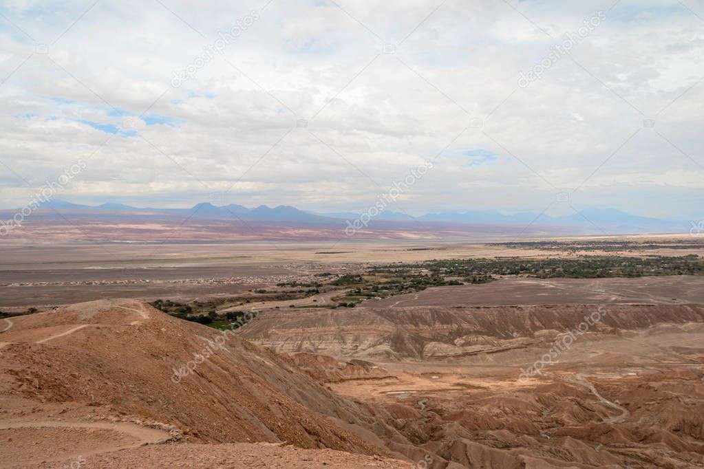 Aerial view of San Pedro de Atacama valley from Pukara de Quitor ruins - Atacama Desert, Chile