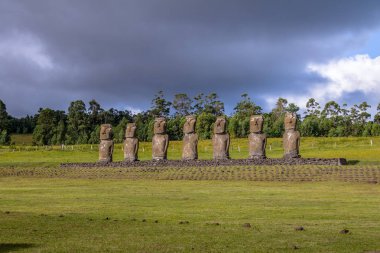 Moai Statues of Ahu Akivi, the only Moai facing the ocean - Easter Island, Chile clipart