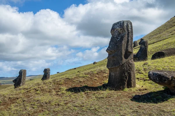 Moai Αγάλματα Του Λατομείου Ηφαίστειο Rano Raraku Νησί Του Πάσχα — Φωτογραφία Αρχείου