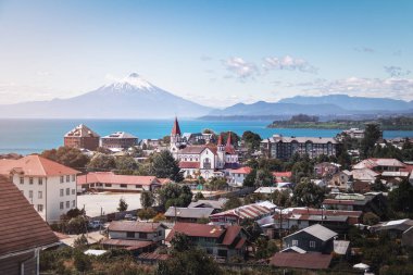 Aerial view of Puerto Varas with Sacred Heart Church and Osorno Volcano - Puerto Varas, Chile clipart