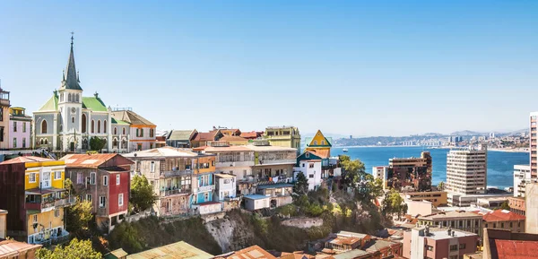 Vista Panorámica Valparaíso Skyline Con Iglesia Luterana Valparaíso Chile — Foto de Stock