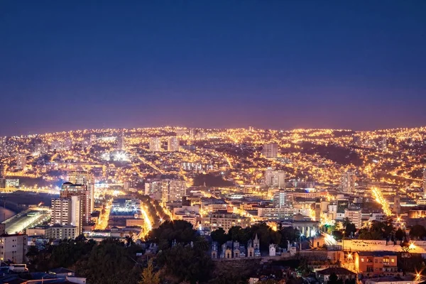 Luftaufnahme Der Stadt Valparaiso Vom Hügel Cerro Alegre Bei Nacht — Stockfoto