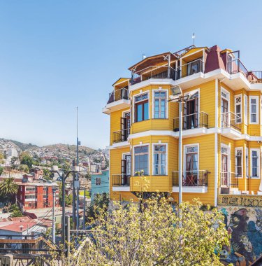 Valparaiso, Chile - Mar 19, 2018: Aerial view of Valparaiso at Paseo Dimalow at Cerro Alegre Hill - Valparaiso, Chile