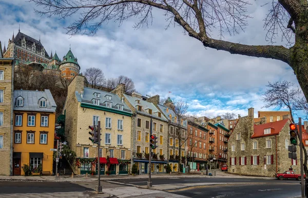 Verlagen Van Oude Binnenstad Basse Ville Frontenac Kasteel Quebec City — Stockfoto