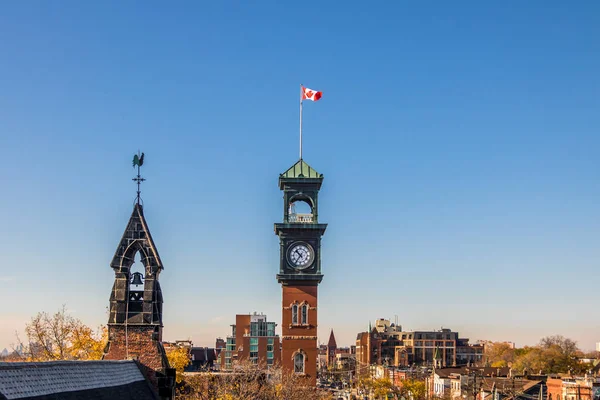 Church Clocktower Canadian Flag Toronto Ontario Can — Stockfoto