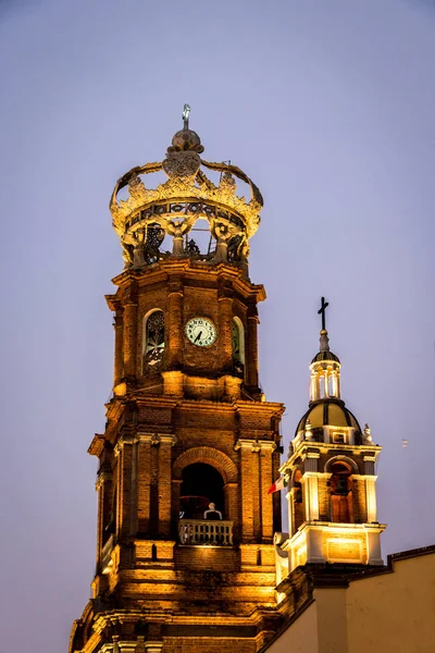 Tower Our Lady Guadalupe Templom Éjjel Puerto Vallarta — Stock Fotó