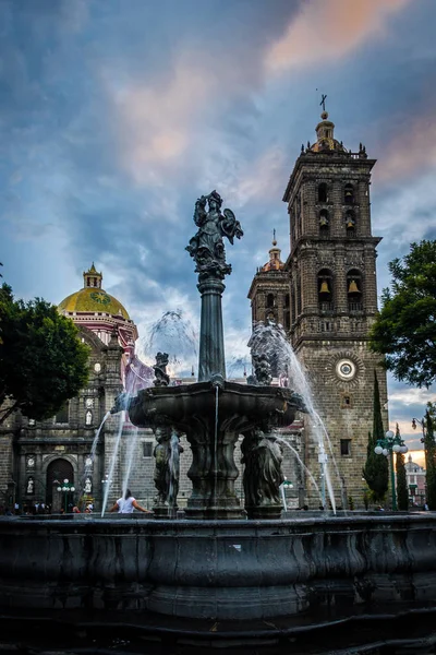 Kašna Puebla Katedrála Puebla Mexiko — Stock fotografie