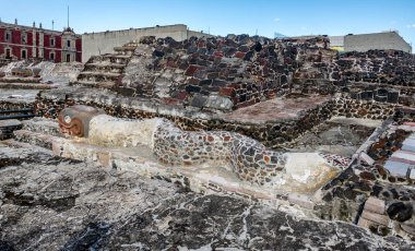 Serpent Sculpture in Aztec Temple (Templo Mayor) at ruins of Ten