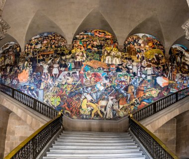 MEXICO CITY, MEXICO - Oct 12, 2016: The stairs of National Palace with the famous mural 